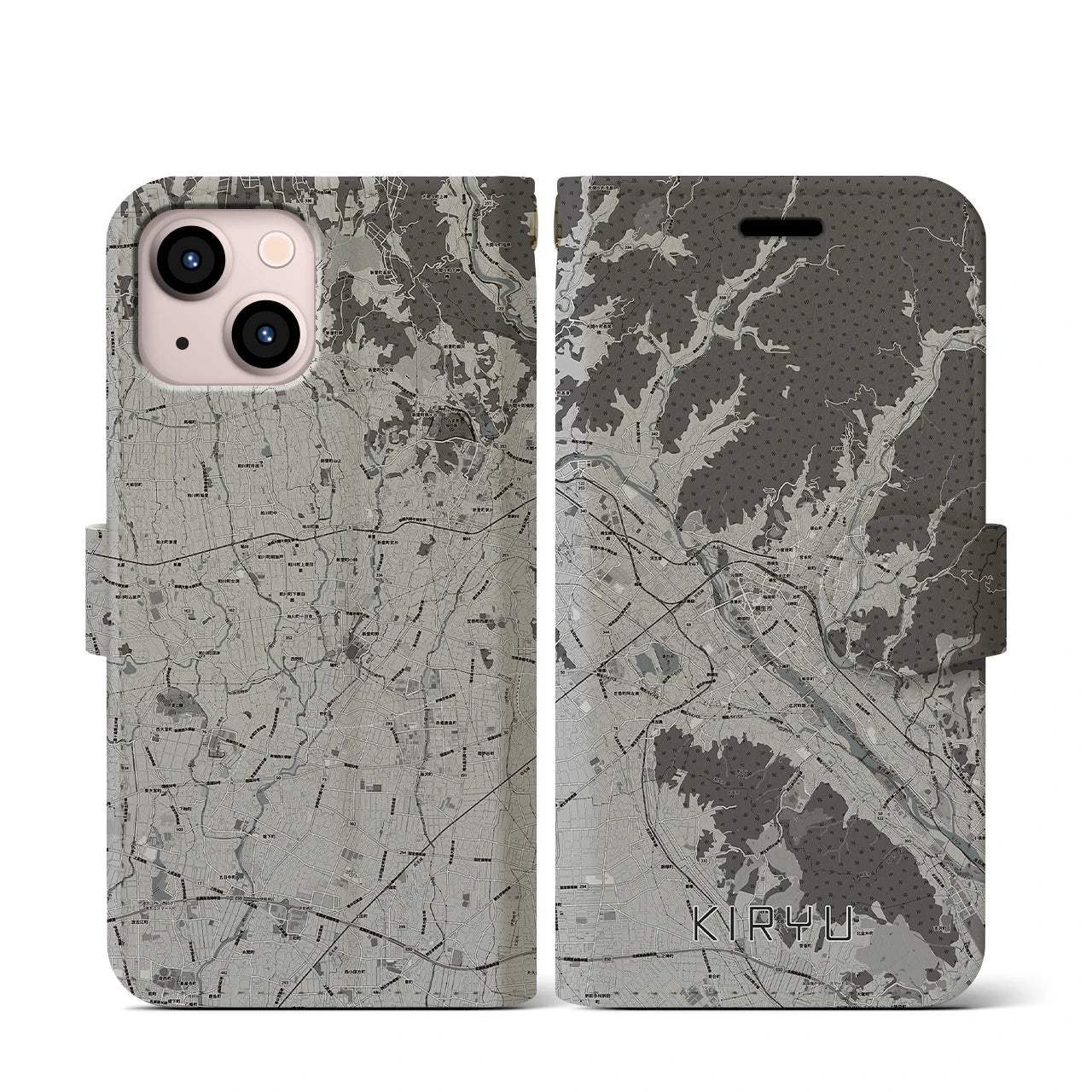 【桐生(群馬県)】地図柄iPhoneケース(手帳タイプ)モノトーン・iPhone 13 mini 用