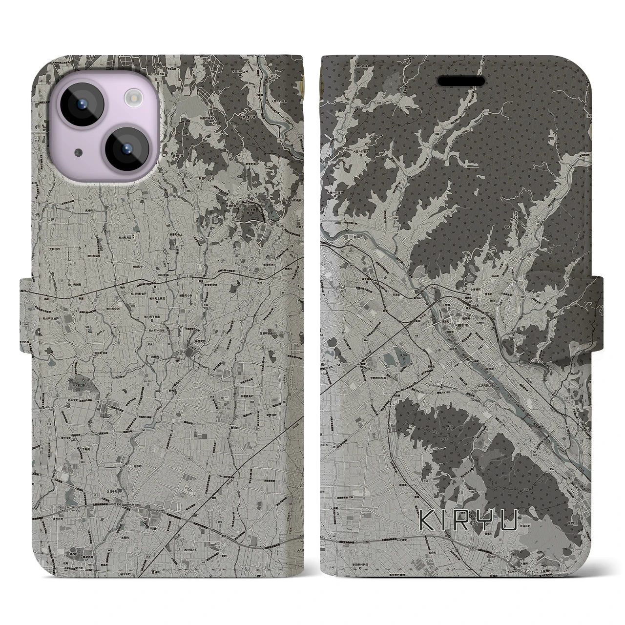 【桐生(群馬県)】地図柄iPhoneケース(手帳タイプ)モノトーン・iPhone 14 用