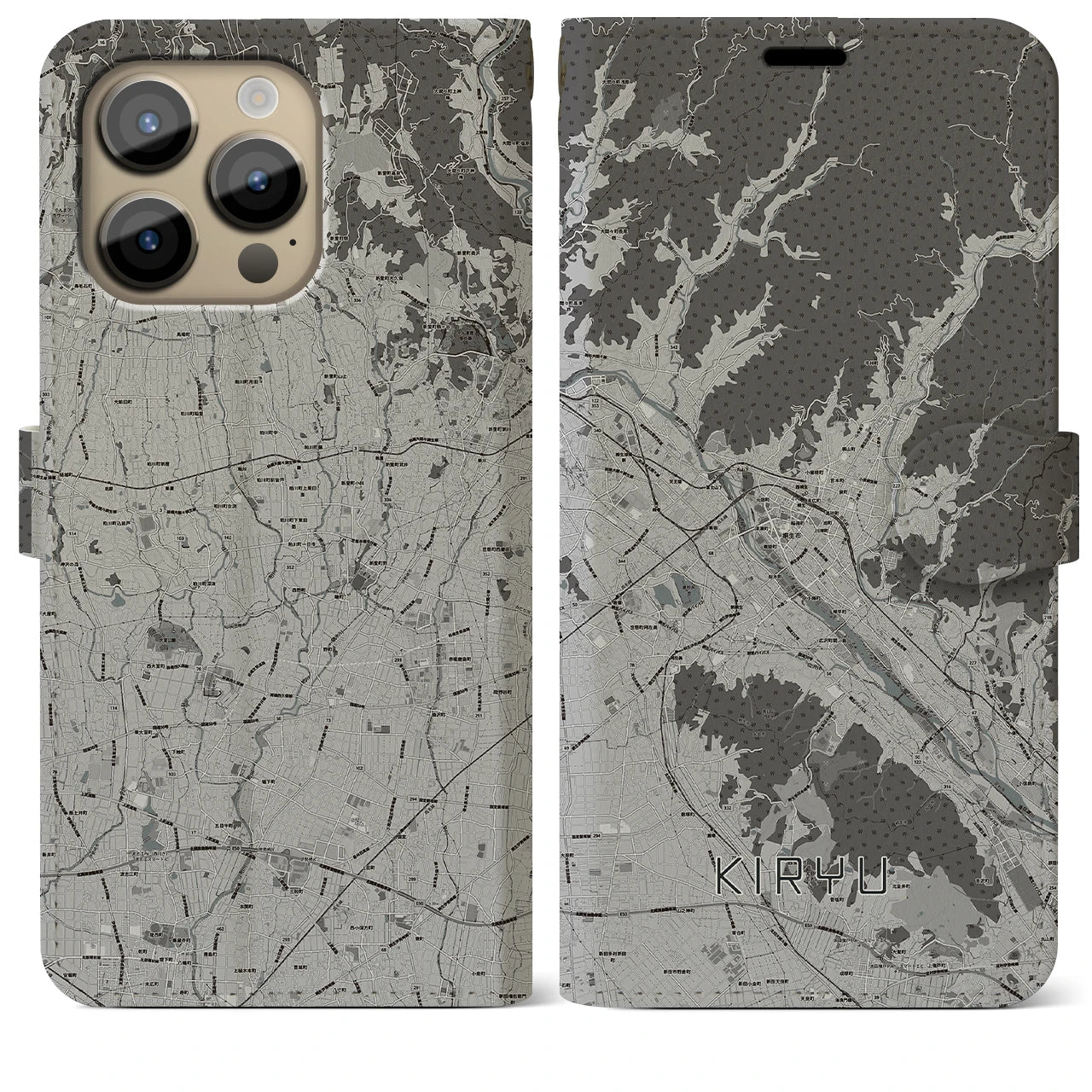 【桐生(群馬県)】地図柄iPhoneケース(手帳タイプ)モノトーン・iPhone 14 Pro Max 用