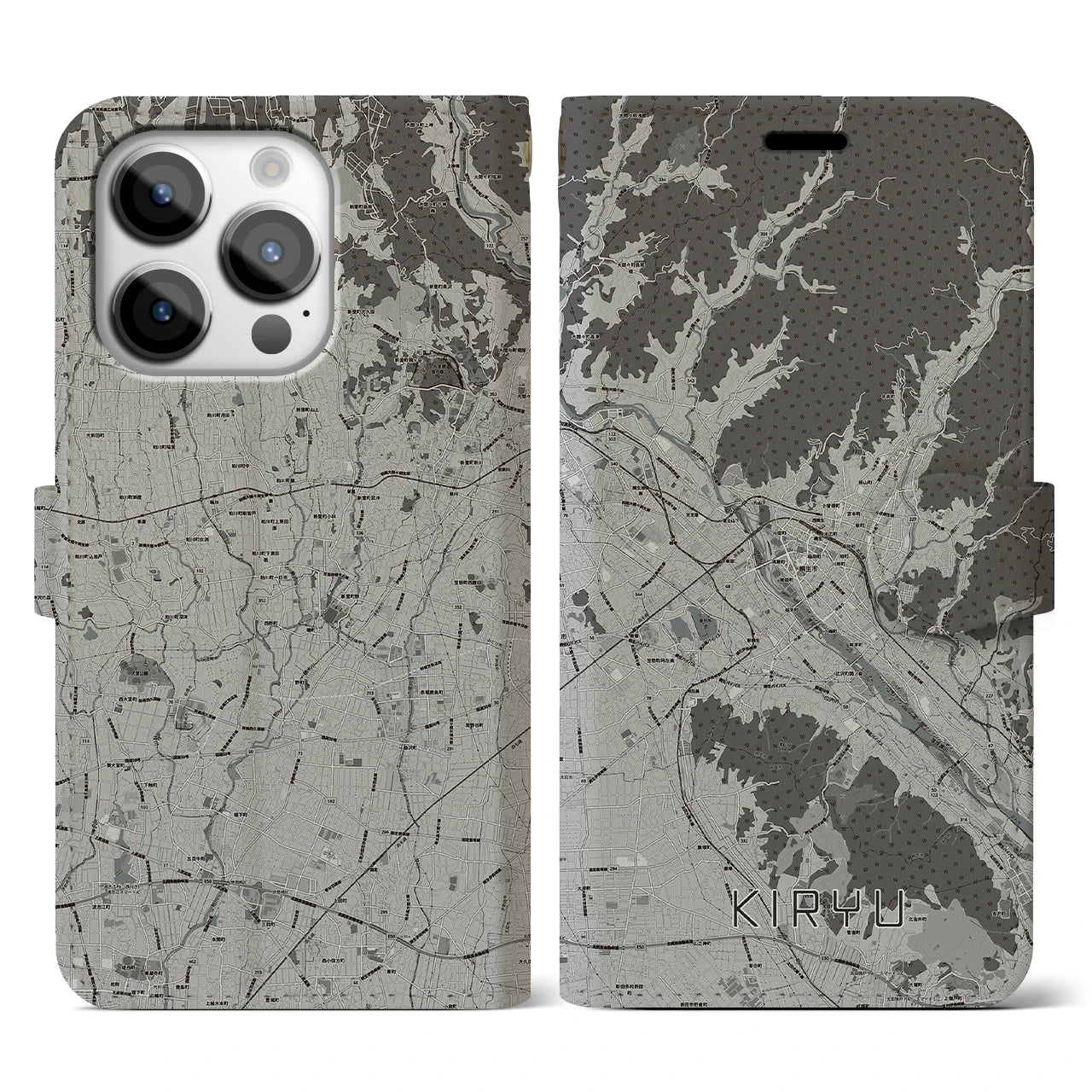 【桐生(群馬県)】地図柄iPhoneケース(手帳タイプ)モノトーン・iPhone 14 Pro 用