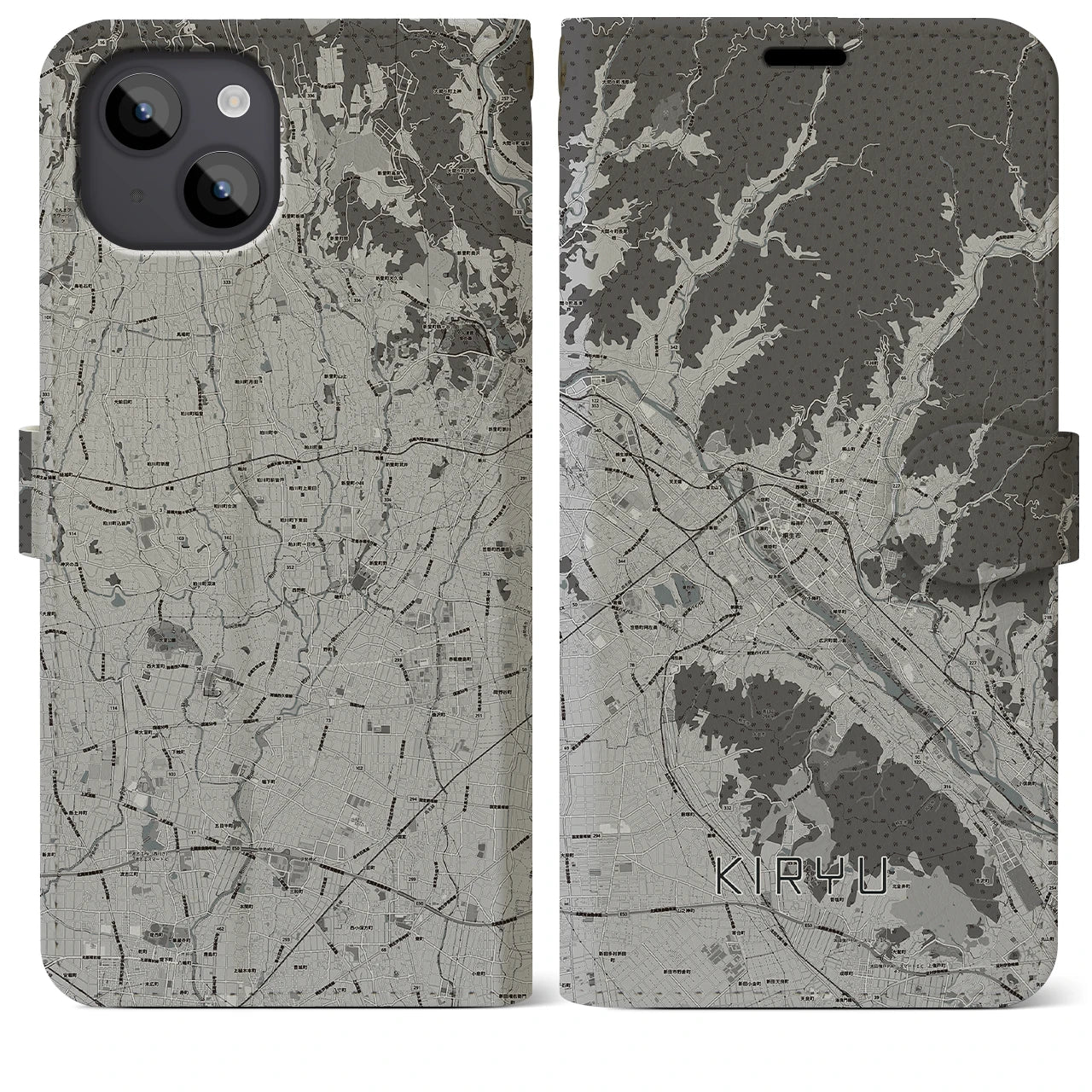 【桐生(群馬県)】地図柄iPhoneケース(手帳タイプ)モノトーン・iPhone 14 Plus 用