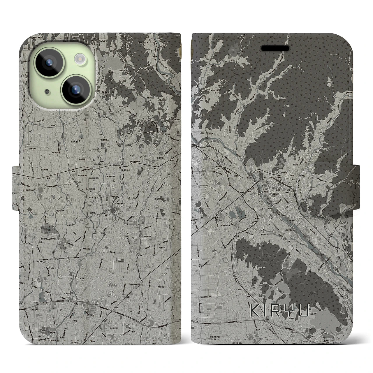 【桐生(群馬県)】地図柄iPhoneケース(手帳タイプ)モノトーン・iPhone 15 用