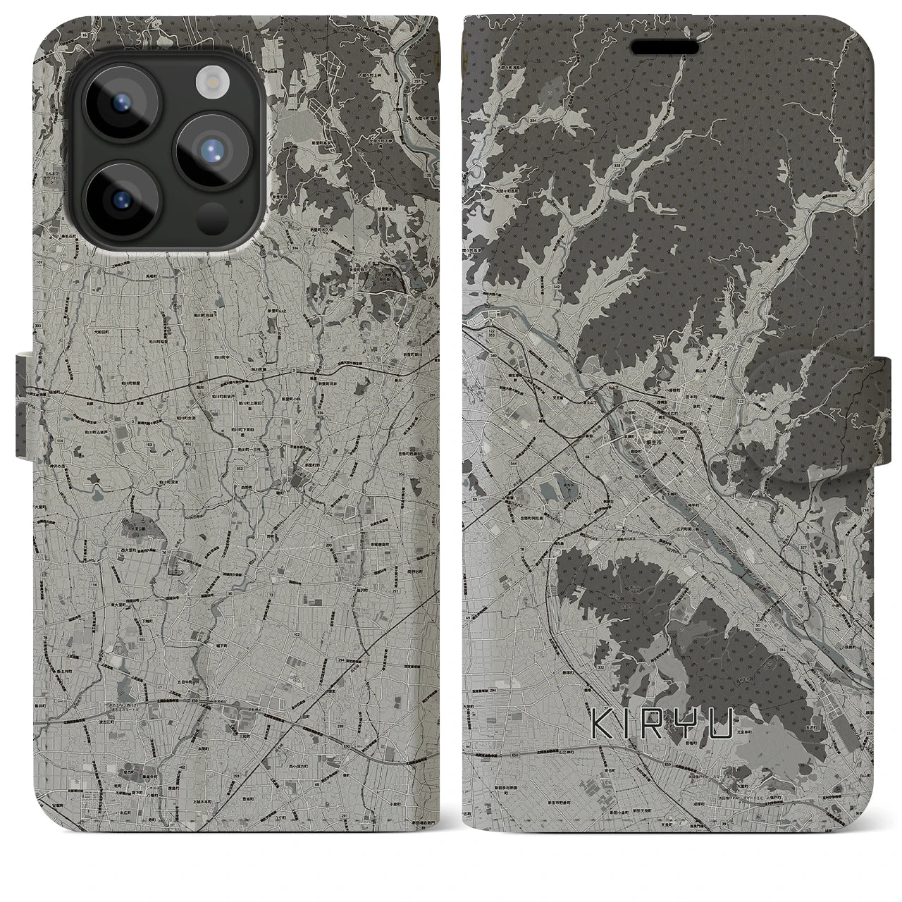 【桐生(群馬県)】地図柄iPhoneケース(手帳タイプ)モノトーン・iPhone 15 Pro Max 用