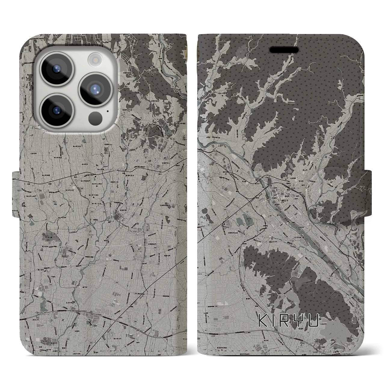 【桐生(群馬県)】地図柄iPhoneケース(手帳タイプ)モノトーン・iPhone 15 Pro 用