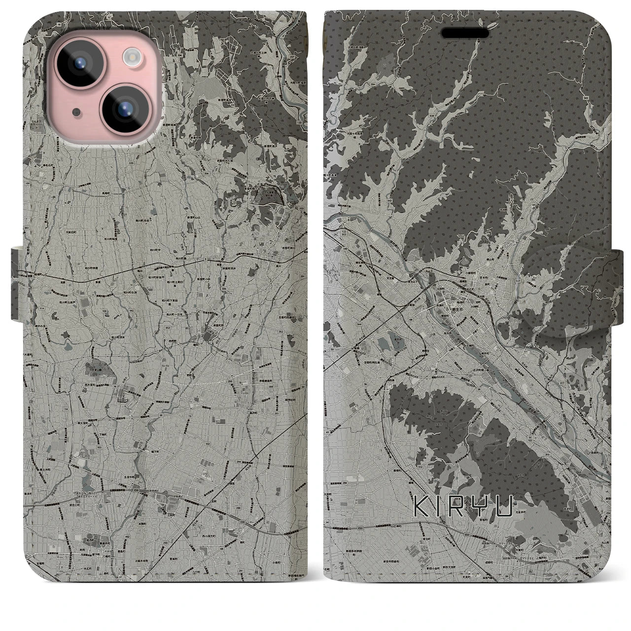 【桐生(群馬県)】地図柄iPhoneケース(手帳タイプ)モノトーン・iPhone 15 Plus 用