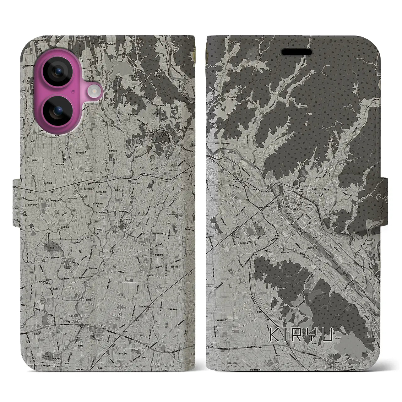 【桐生(群馬県)】地図柄iPhoneケース(手帳タイプ)モノトーン・iPhone 16 Pro 用