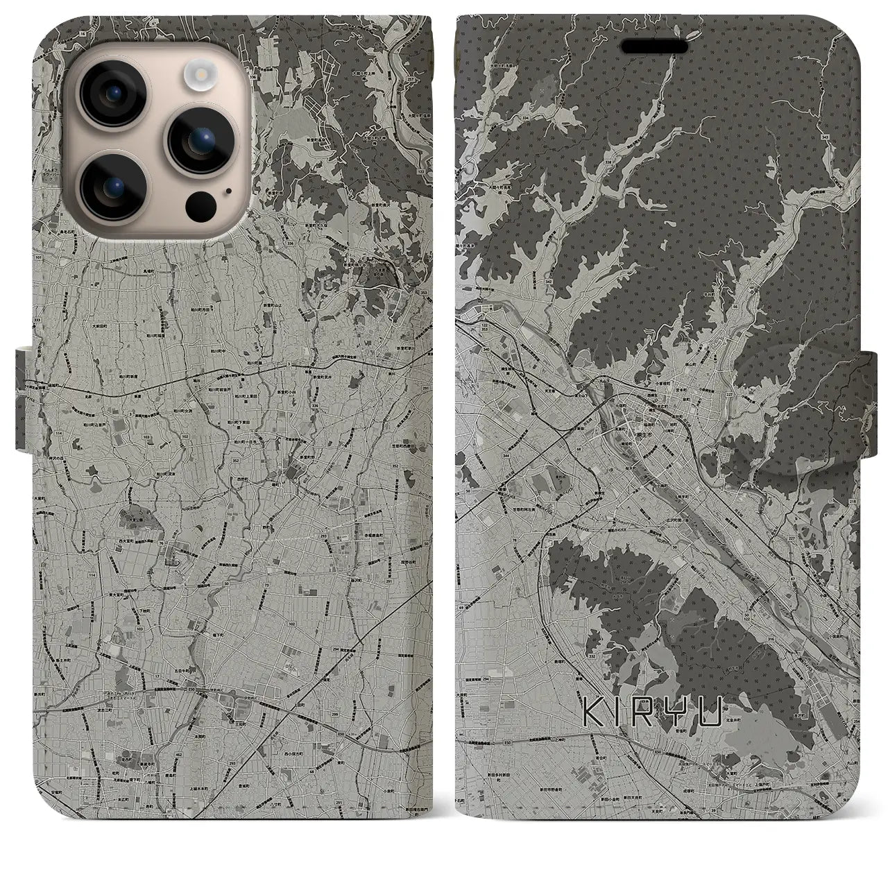 【桐生(群馬県)】地図柄iPhoneケース(手帳タイプ)モノトーン・iPhone 16 Plus 用