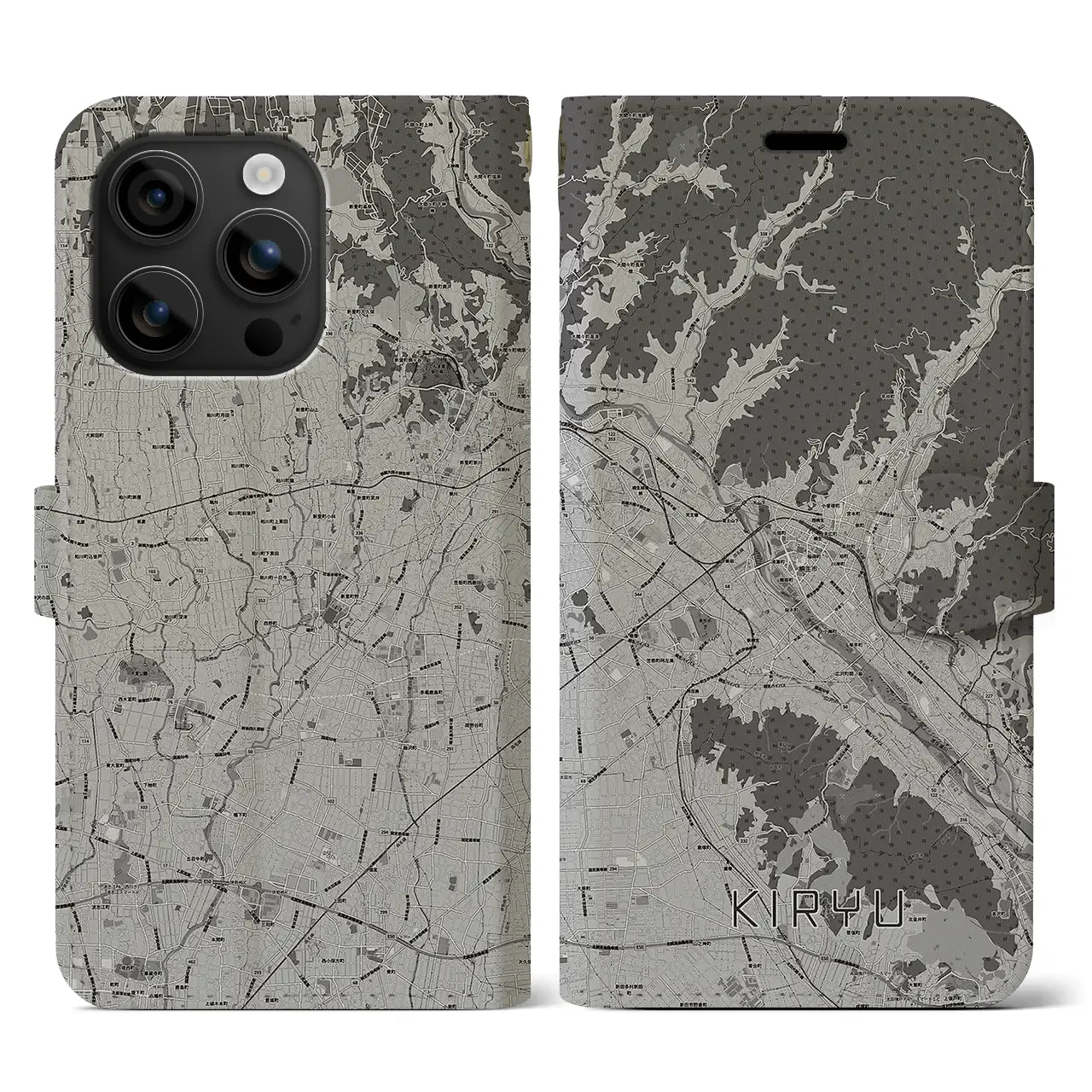 【桐生(群馬県)】地図柄iPhoneケース(手帳タイプ)モノトーン・iPhone 16 用