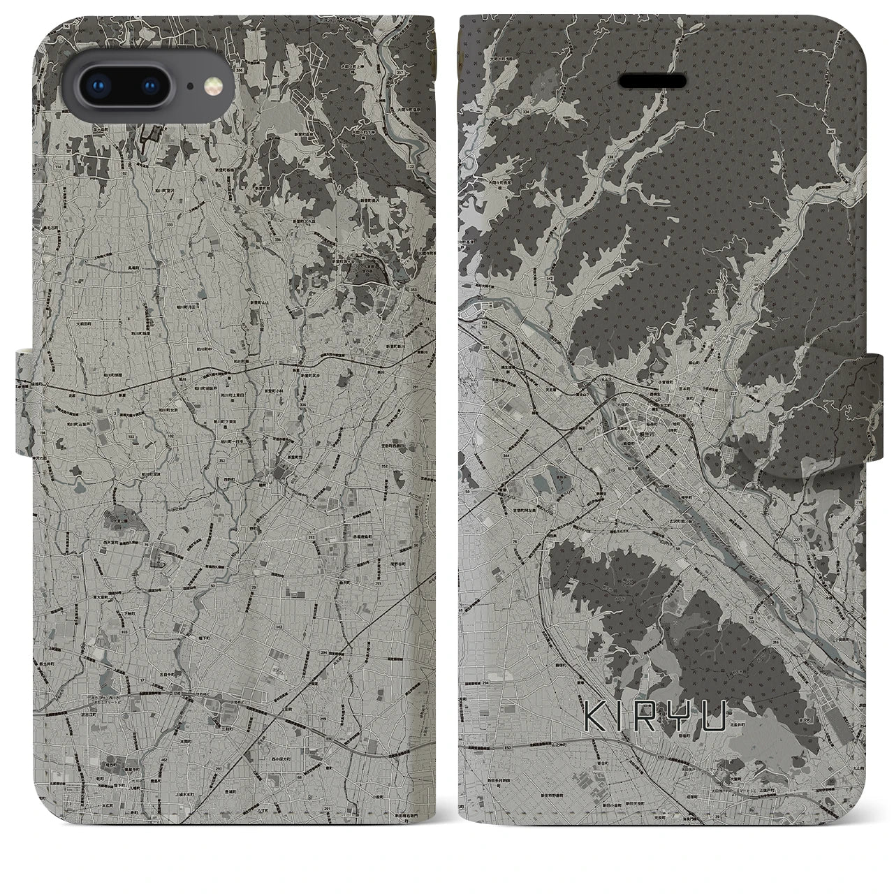 【桐生(群馬県)】地図柄iPhoneケース(手帳タイプ)モノトーン・iPhone 8Plus /7Plus / 6sPlus / 6Plus 用
