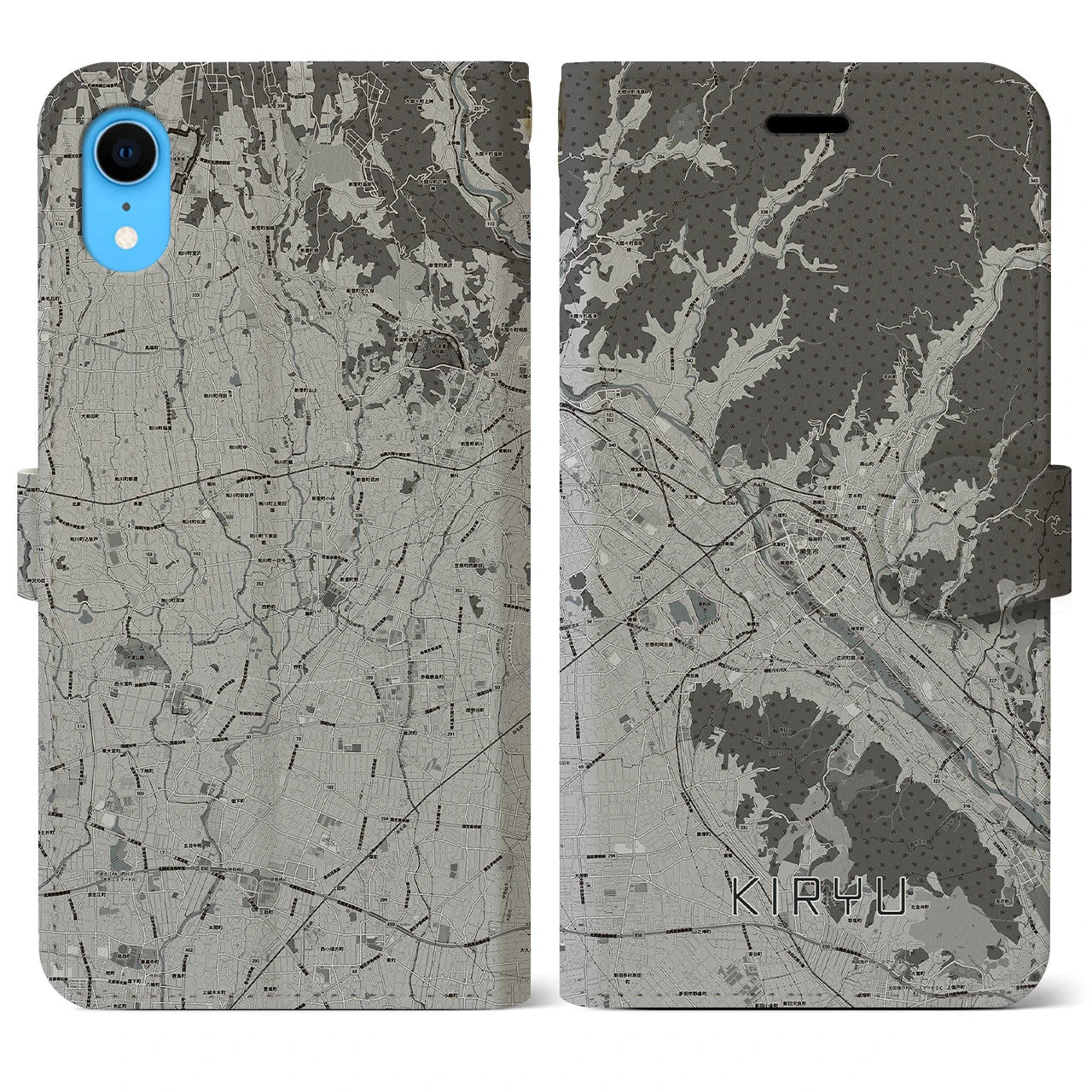 【桐生(群馬県)】地図柄iPhoneケース(手帳タイプ)モノトーン・iPhone XR 用