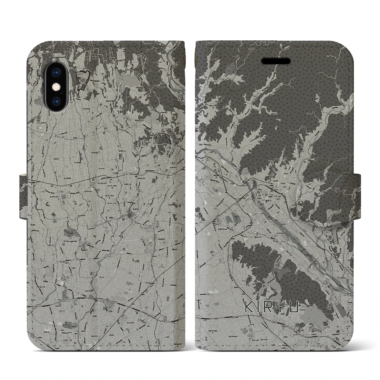 【桐生(群馬県)】地図柄iPhoneケース(手帳タイプ)モノトーン・iPhone XS / X 用