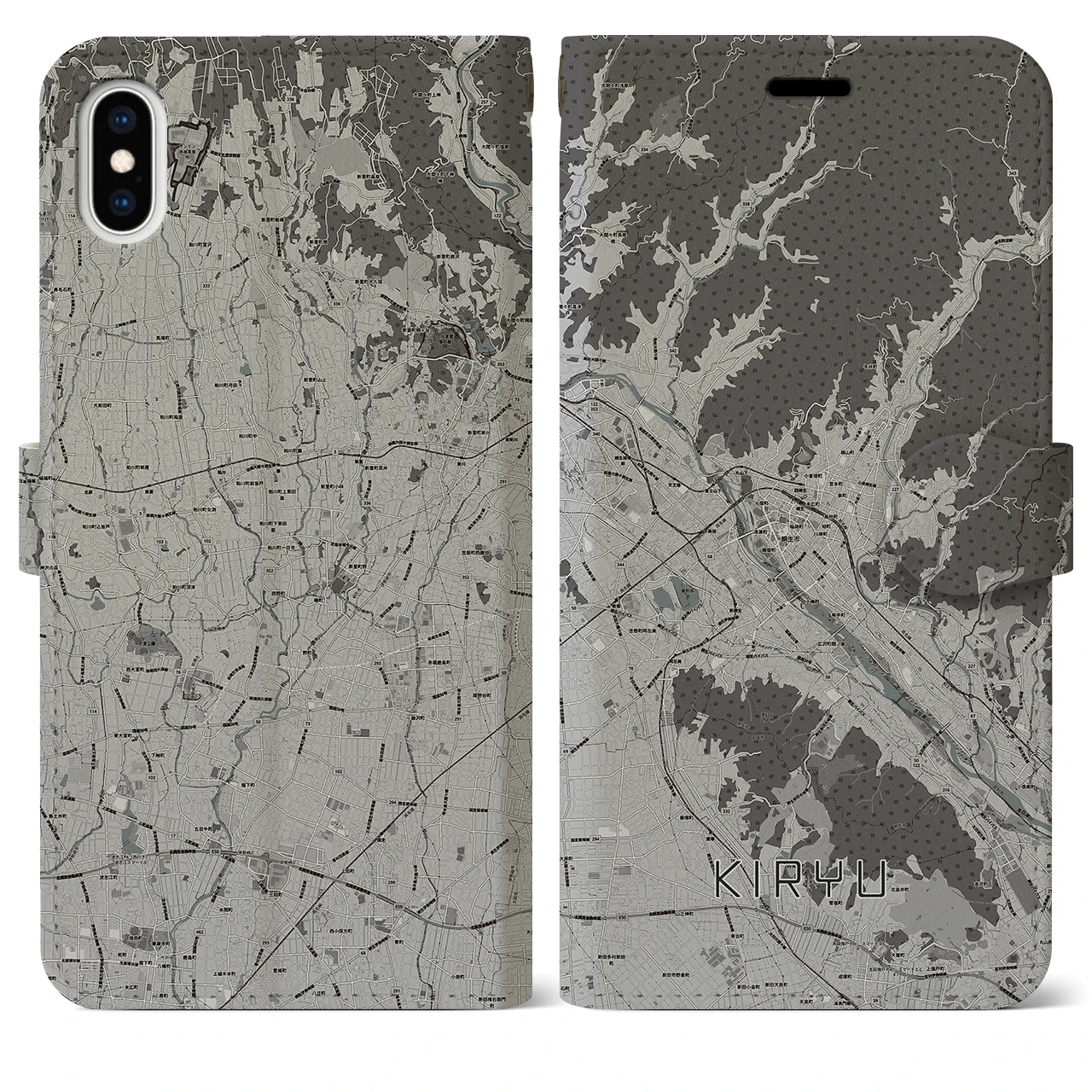 【桐生(群馬県)】地図柄iPhoneケース(手帳タイプ)モノトーン・iPhone XS Max 用