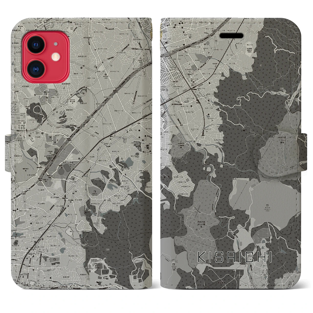 【私市(大阪府)】地図柄iPhoneケース(手帳タイプ)モノトーン・iPhone 11 用