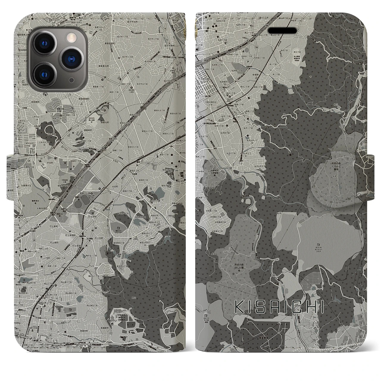 【私市(大阪府)】地図柄iPhoneケース(手帳タイプ)モノトーン・iPhone 11 Pro Max 用