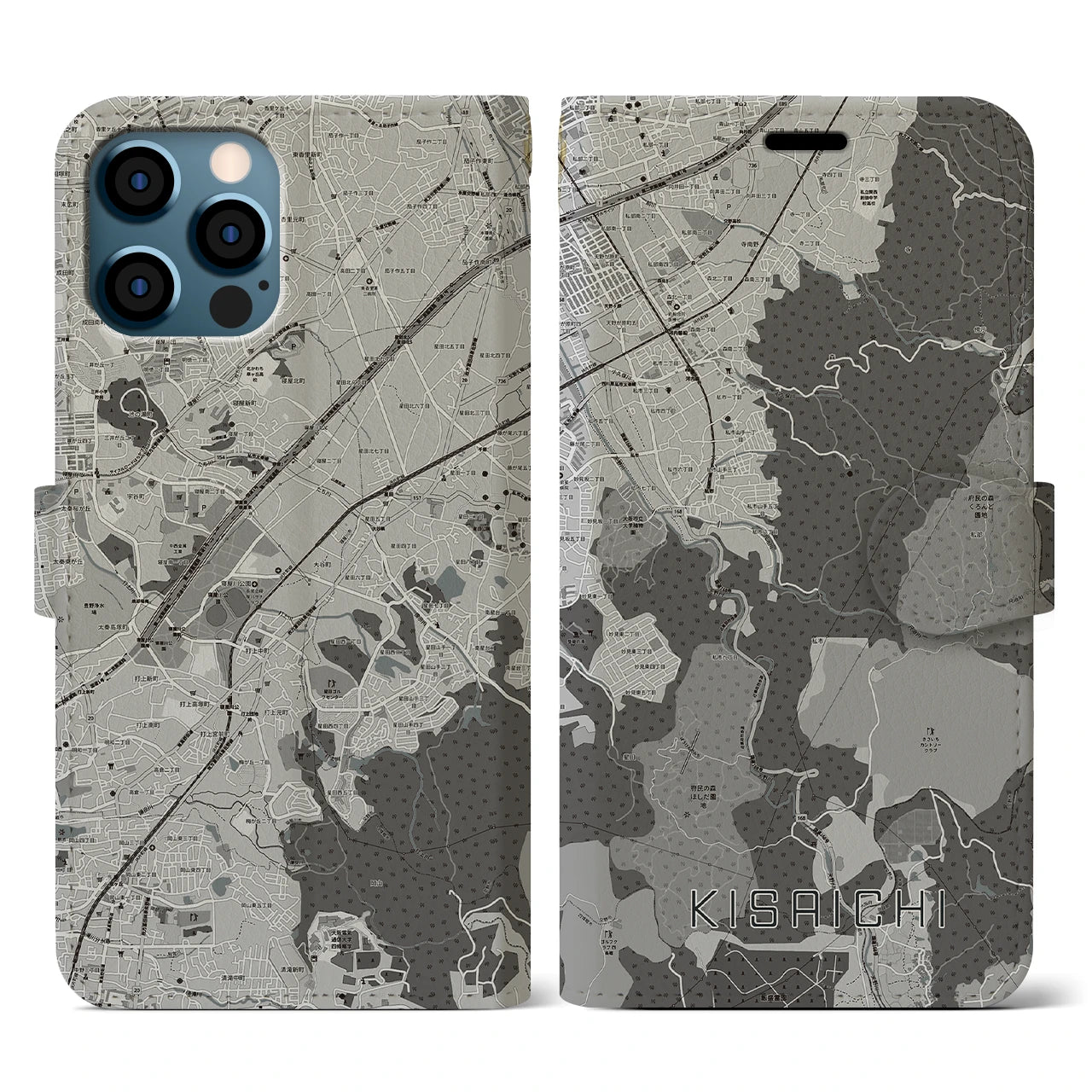 【私市(大阪府)】地図柄iPhoneケース(手帳タイプ)モノトーン・iPhone 12 / 12 Pro 用