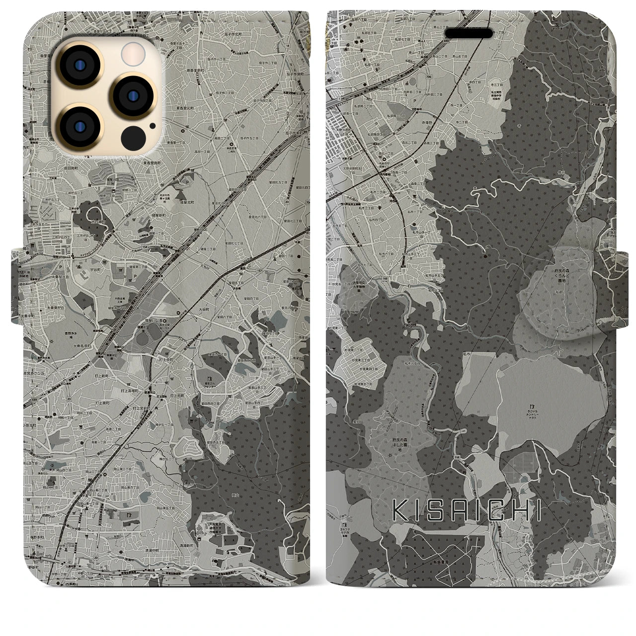 【私市(大阪府)】地図柄iPhoneケース(手帳タイプ)モノトーン・iPhone 12 Pro Max 用