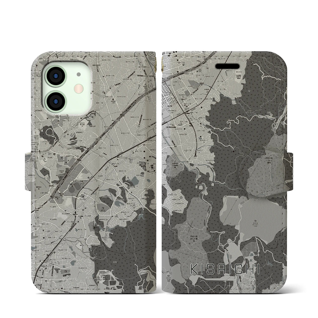 【私市(大阪府)】地図柄iPhoneケース(手帳タイプ)モノトーン・iPhone 12 mini 用