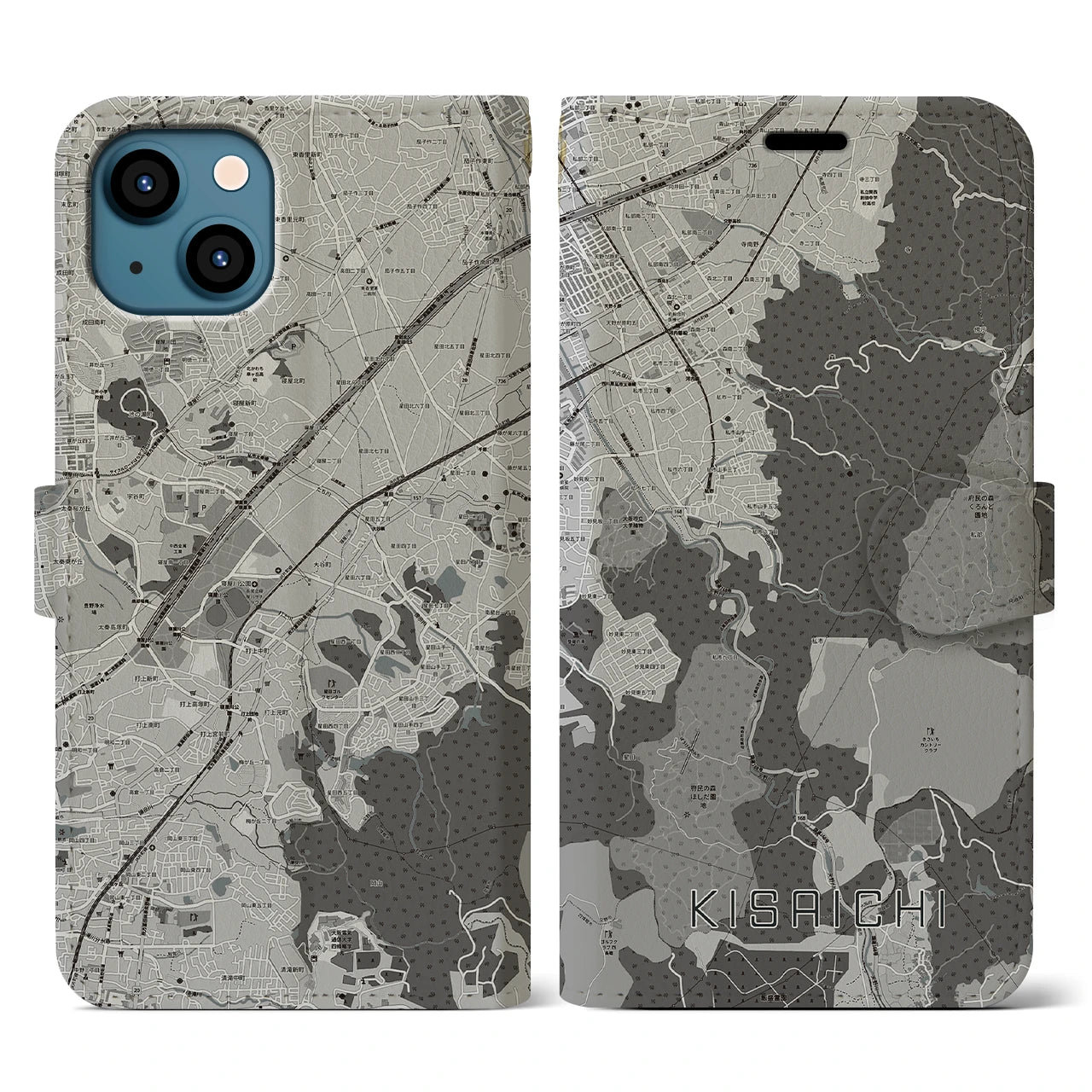 【私市(大阪府)】地図柄iPhoneケース(手帳タイプ)モノトーン・iPhone 13 用