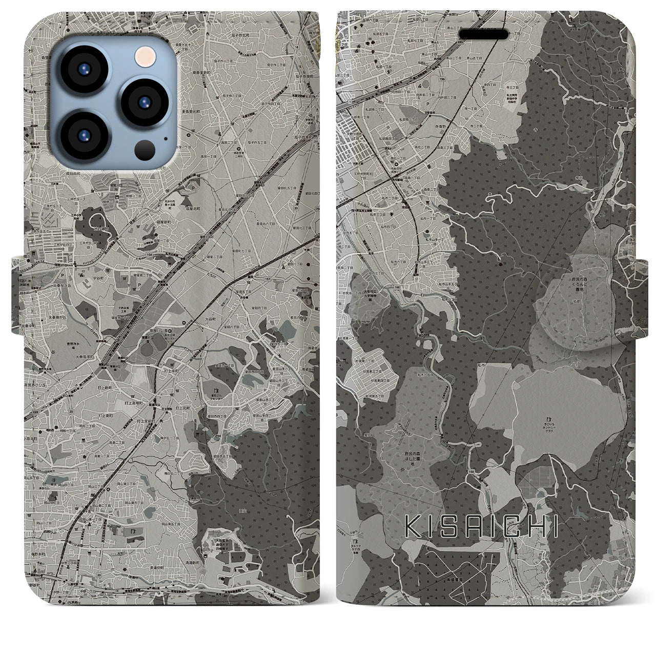 【私市(大阪府)】地図柄iPhoneケース(手帳タイプ)モノトーン・iPhone 13 Pro Max 用