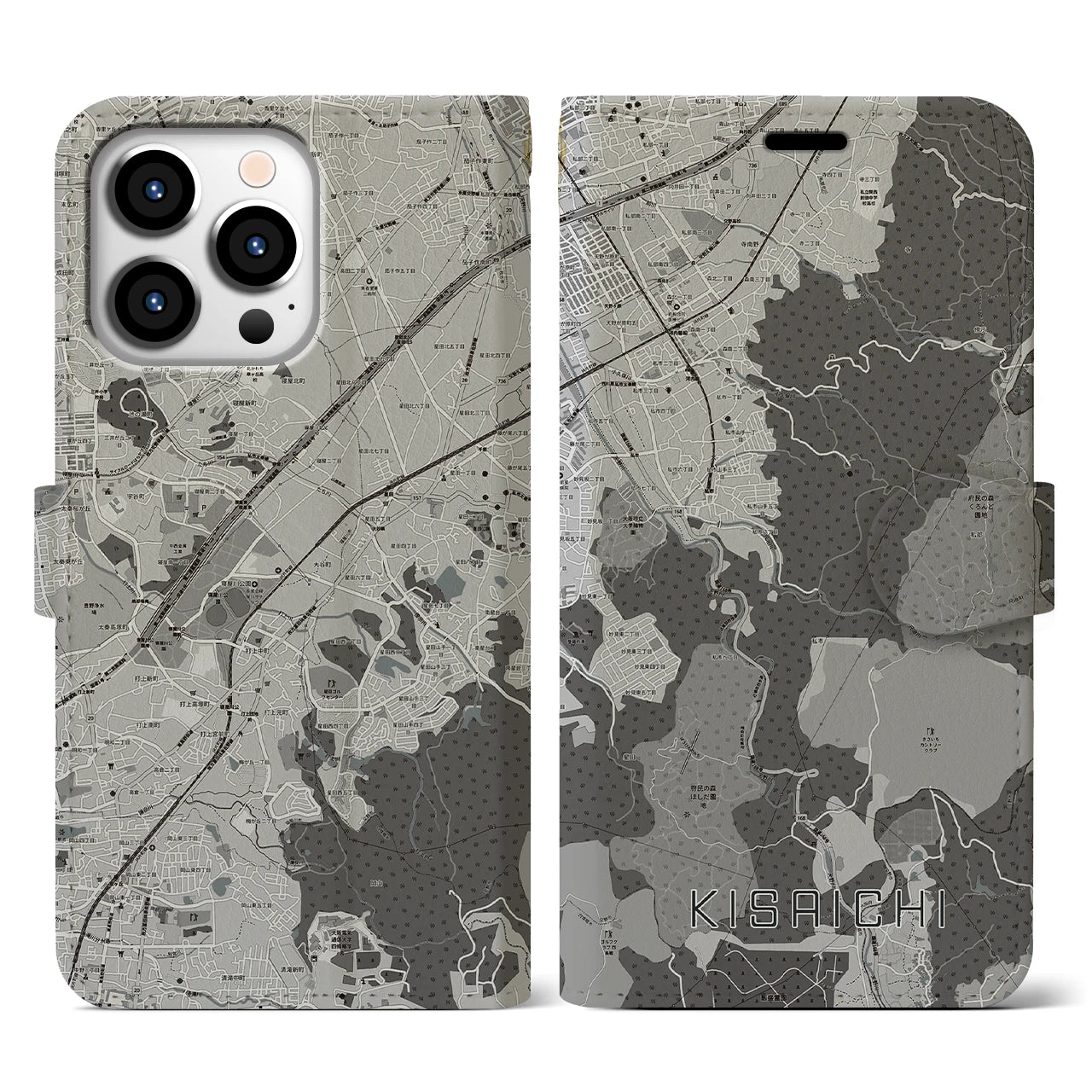【私市(大阪府)】地図柄iPhoneケース(手帳タイプ)モノトーン・iPhone 13 Pro 用