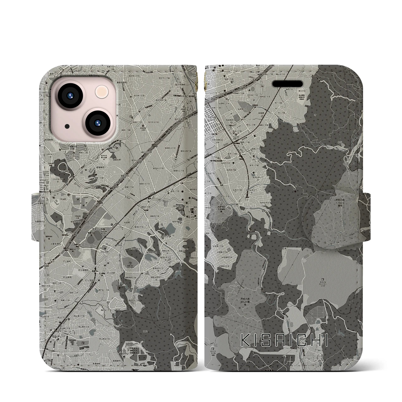 【私市(大阪府)】地図柄iPhoneケース(手帳タイプ)モノトーン・iPhone 13 mini 用