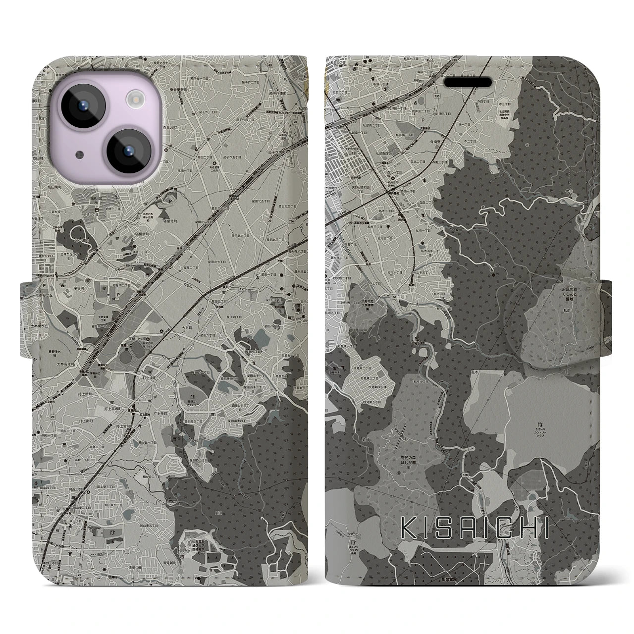 【私市(大阪府)】地図柄iPhoneケース(手帳タイプ)モノトーン・iPhone 14 用