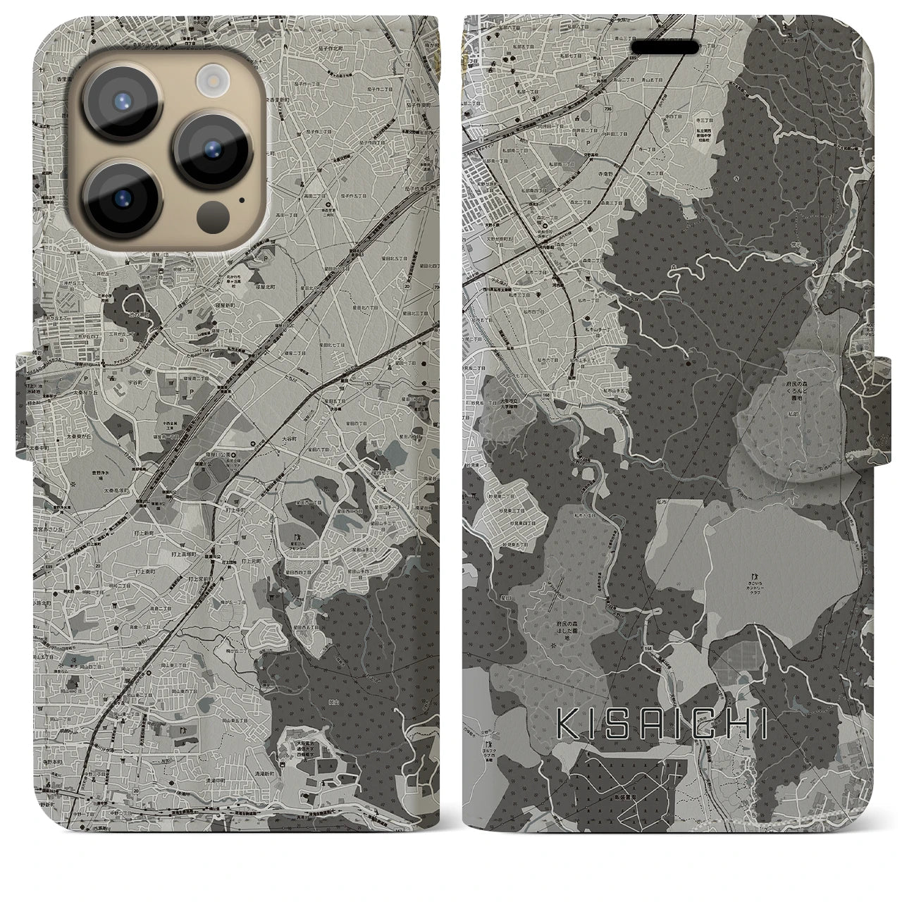 【私市(大阪府)】地図柄iPhoneケース(手帳タイプ)モノトーン・iPhone 14 Pro Max 用