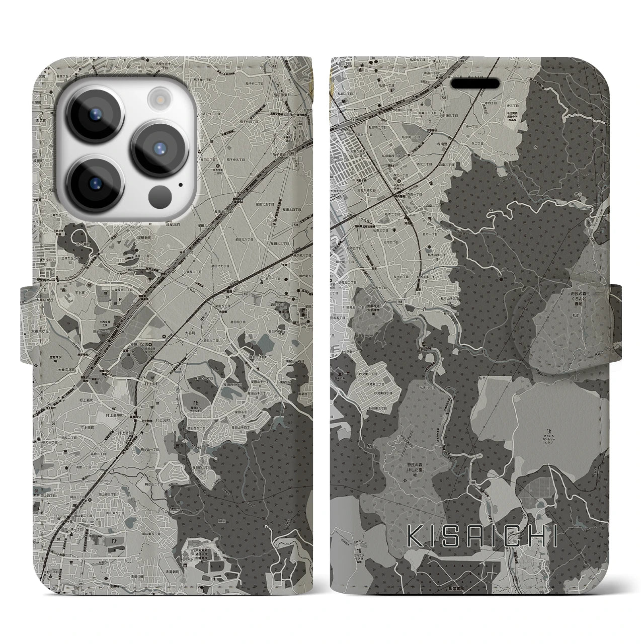 【私市(大阪府)】地図柄iPhoneケース(手帳タイプ)モノトーン・iPhone 14 Pro 用