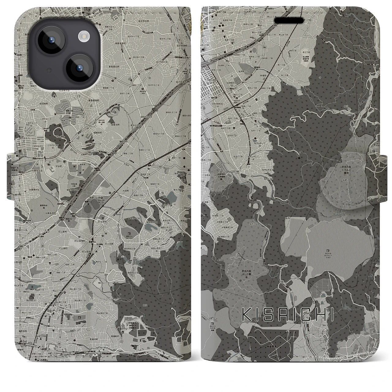 【私市(大阪府)】地図柄iPhoneケース(手帳タイプ)モノトーン・iPhone 14 Plus 用