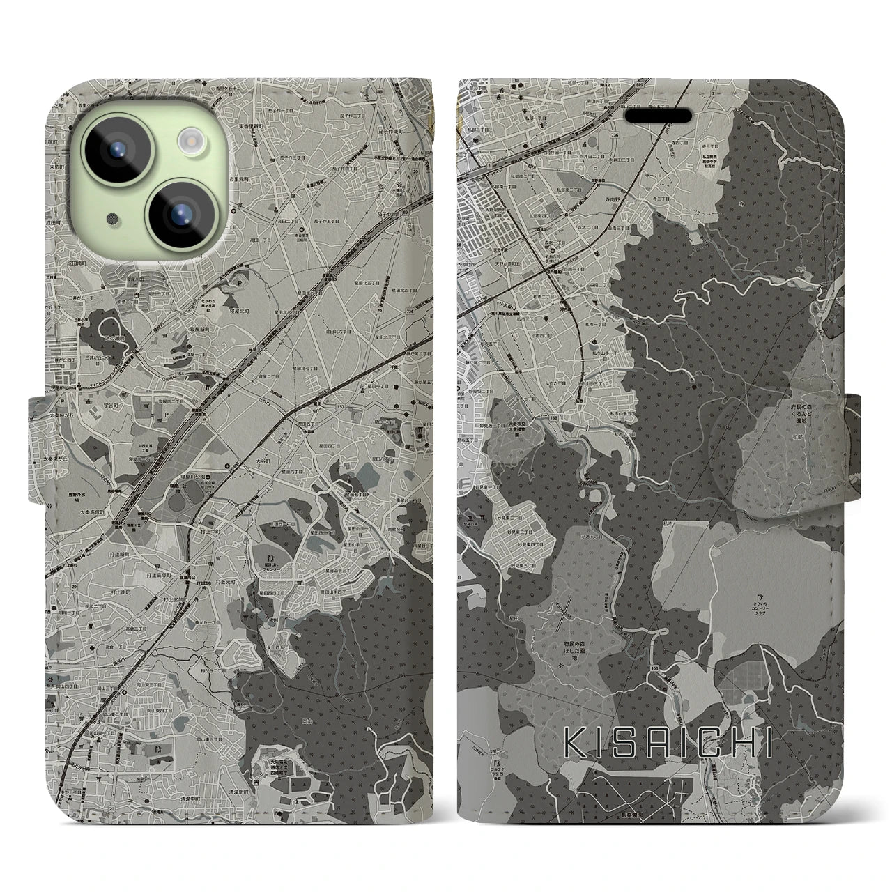 【私市(大阪府)】地図柄iPhoneケース(手帳タイプ)モノトーン・iPhone 15 用