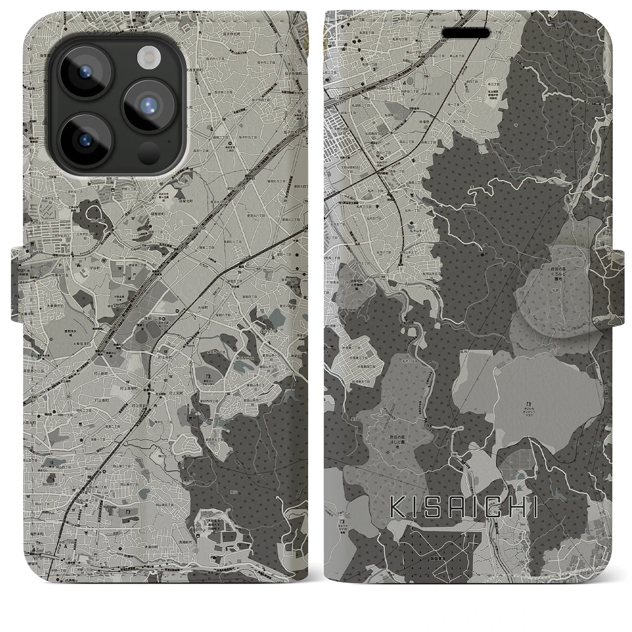 【私市(大阪府)】地図柄iPhoneケース(手帳タイプ)モノトーン・iPhone 15 Pro Max 用