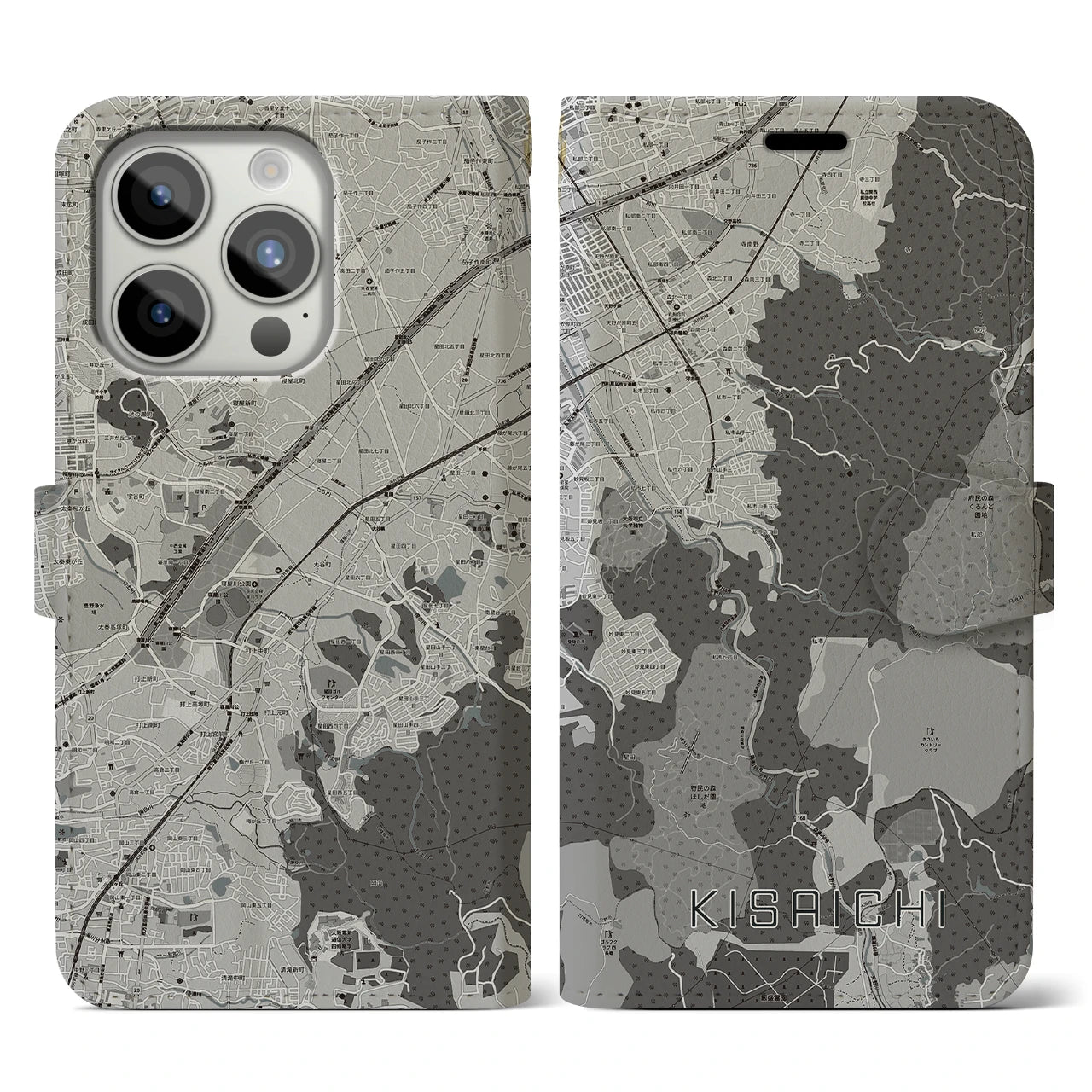 【私市(大阪府)】地図柄iPhoneケース(手帳タイプ)モノトーン・iPhone 15 Pro 用