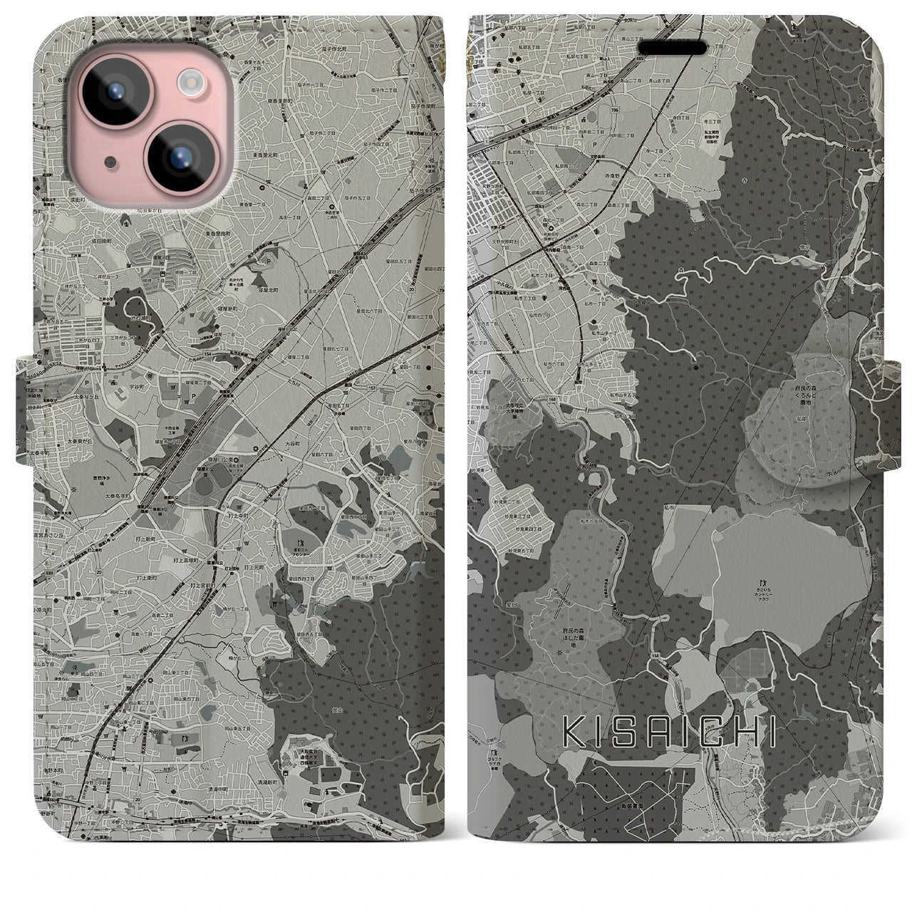 【私市(大阪府)】地図柄iPhoneケース(手帳タイプ)モノトーン・iPhone 15 Plus 用