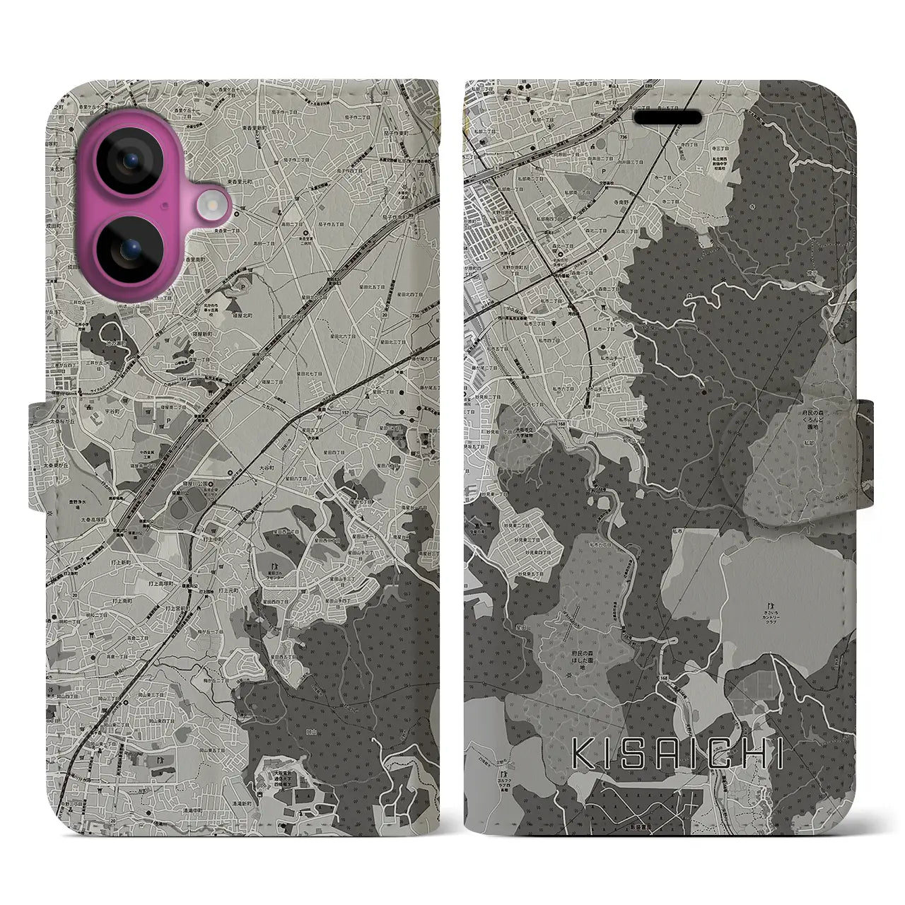 【私市(大阪府)】地図柄iPhoneケース(手帳タイプ)モノトーン・iPhone 16 Pro 用