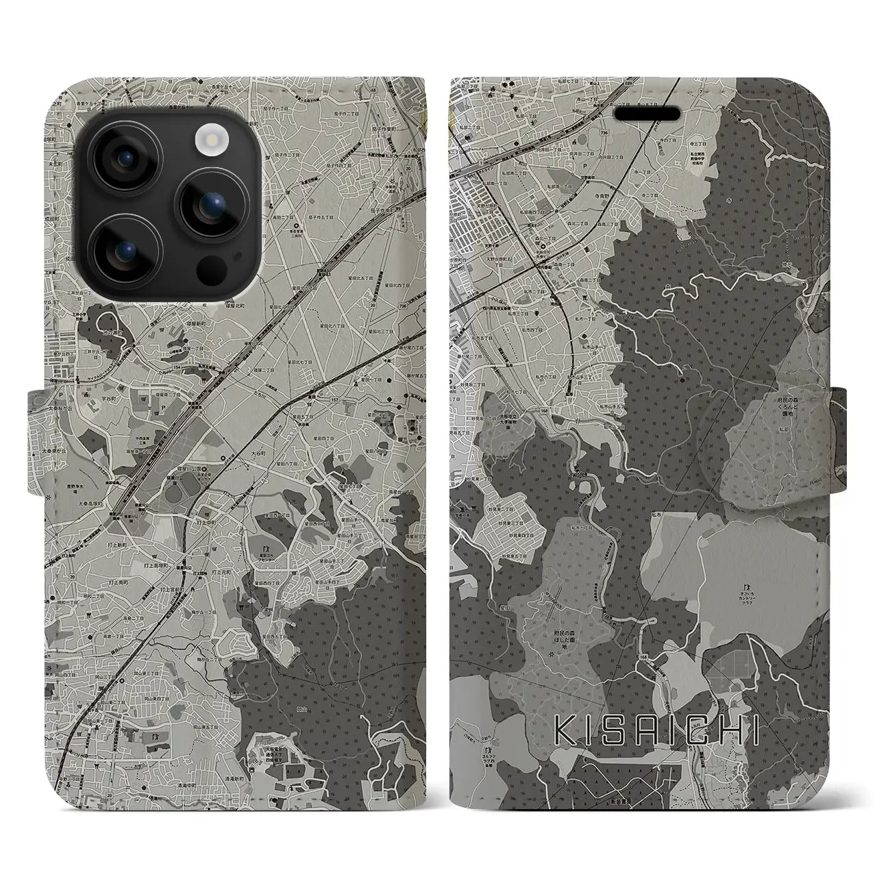 【私市(大阪府)】地図柄iPhoneケース(手帳タイプ)モノトーン・iPhone 16 用