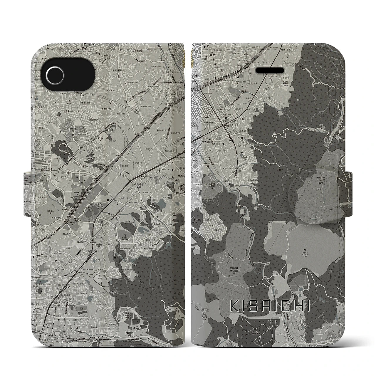 【私市(大阪府)】地図柄iPhoneケース(手帳タイプ)モノトーン・iPhone SE(第3 / 第2世代) / 8 / 7 / 6s / 6 用