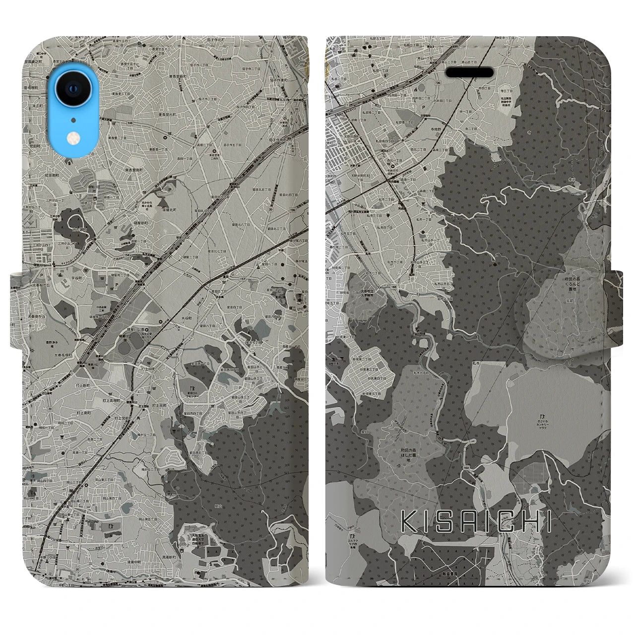 【私市(大阪府)】地図柄iPhoneケース(手帳タイプ)モノトーン・iPhone XR 用