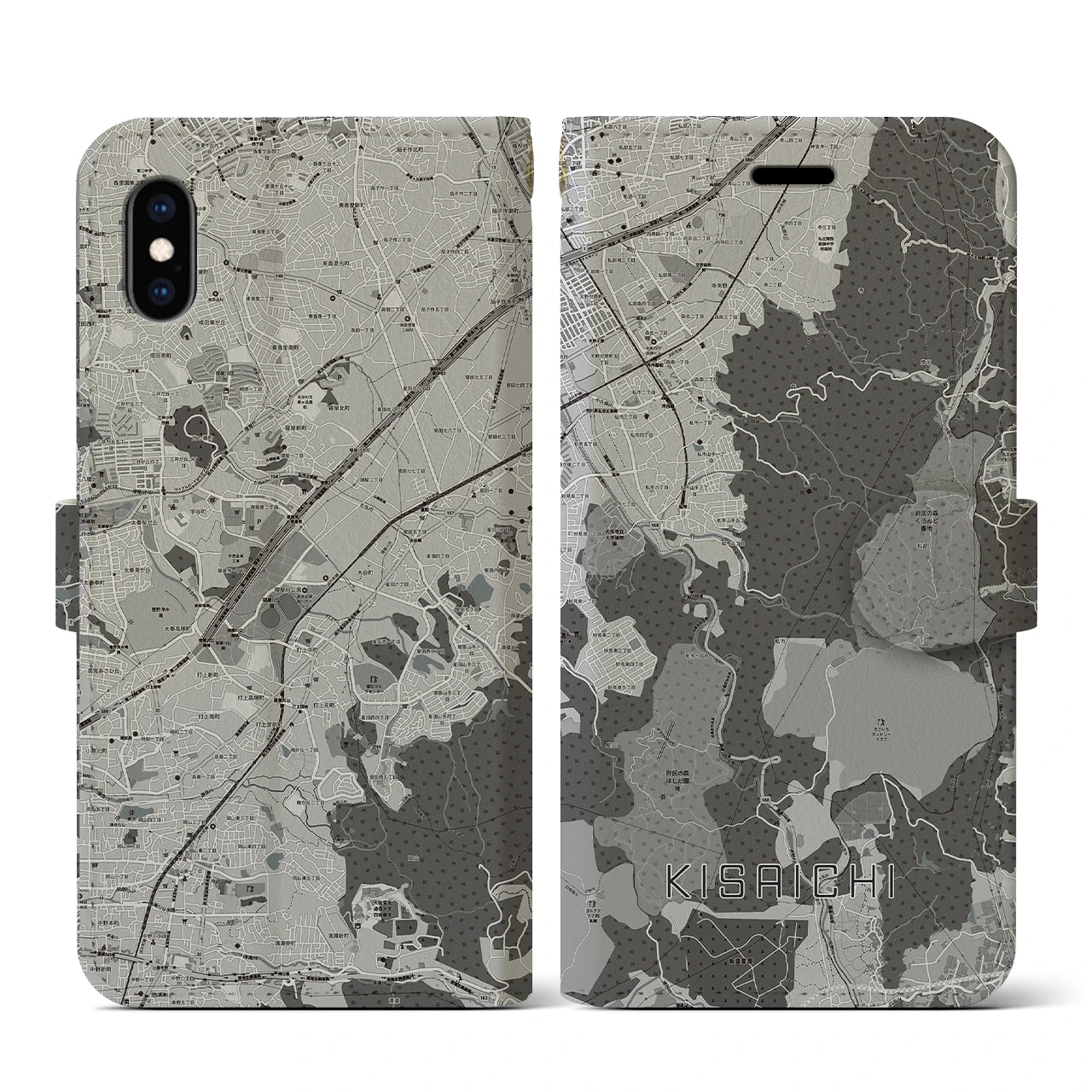 【私市(大阪府)】地図柄iPhoneケース(手帳タイプ)モノトーン・iPhone XS / X 用