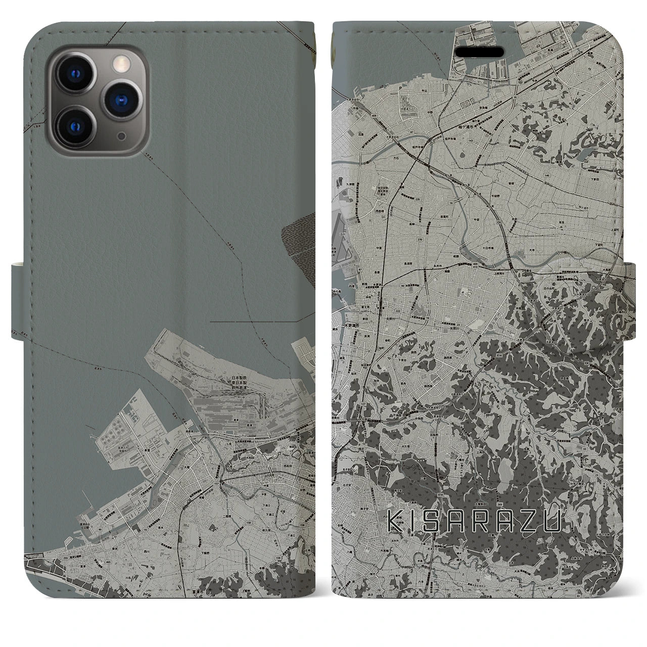 【木更津(千葉県)】地図柄iPhoneケース(手帳タイプ)モノトーン・iPhone 11 Pro Max 用