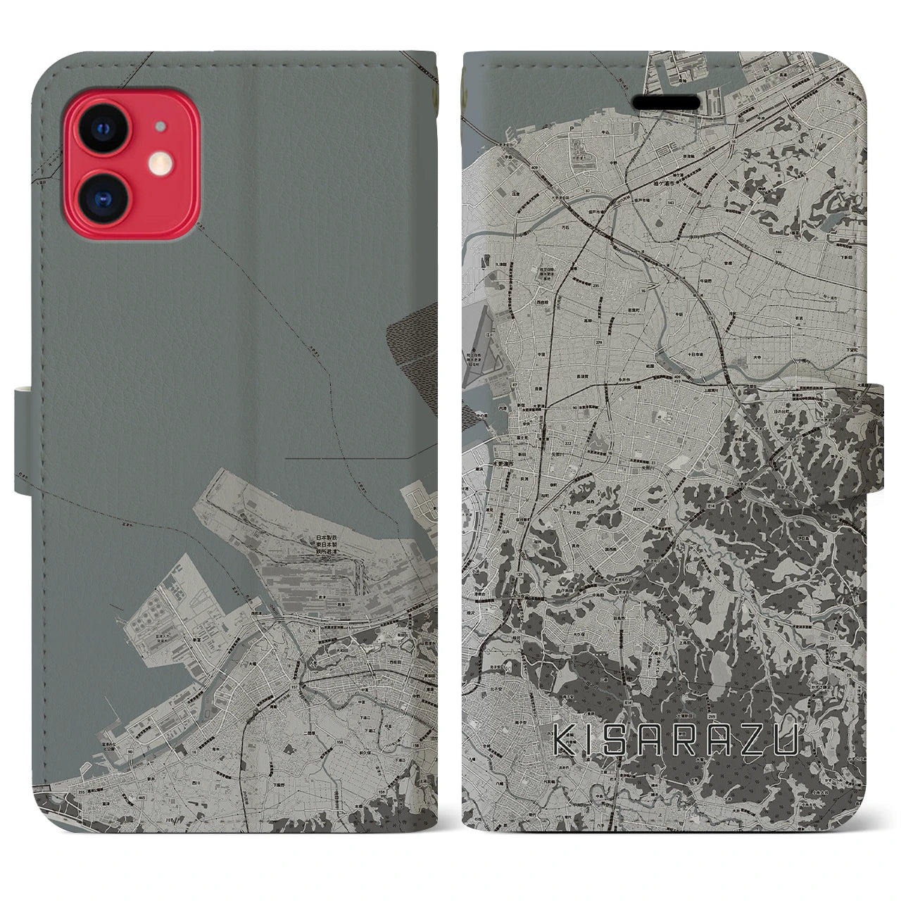 【木更津(千葉県)】地図柄iPhoneケース(手帳タイプ)モノトーン・iPhone 11 用