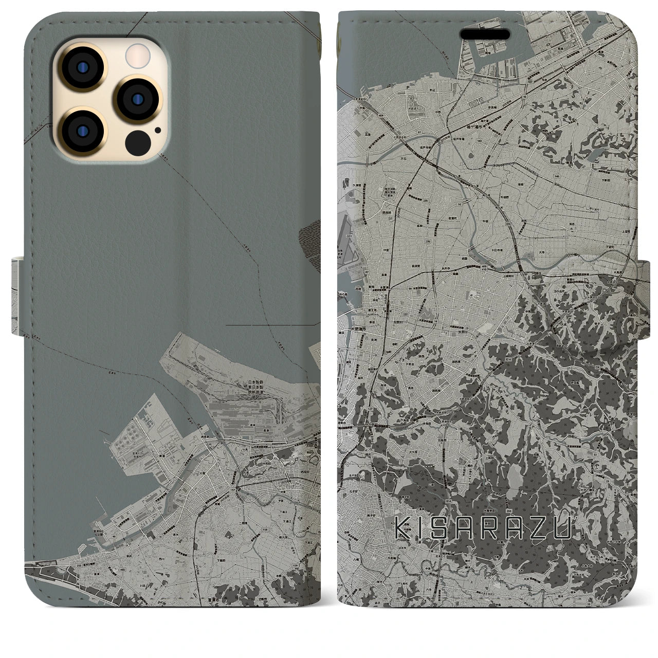 【木更津(千葉県)】地図柄iPhoneケース(手帳タイプ)モノトーン・iPhone 12 Pro Max 用