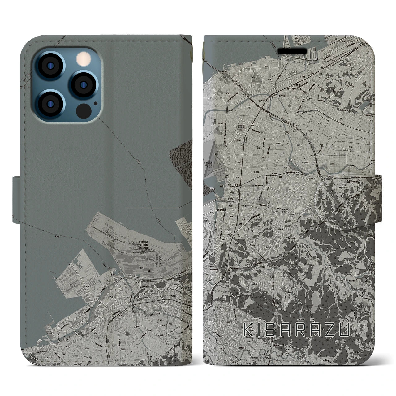 【木更津(千葉県)】地図柄iPhoneケース(手帳タイプ)モノトーン・iPhone 12 / 12 Pro 用