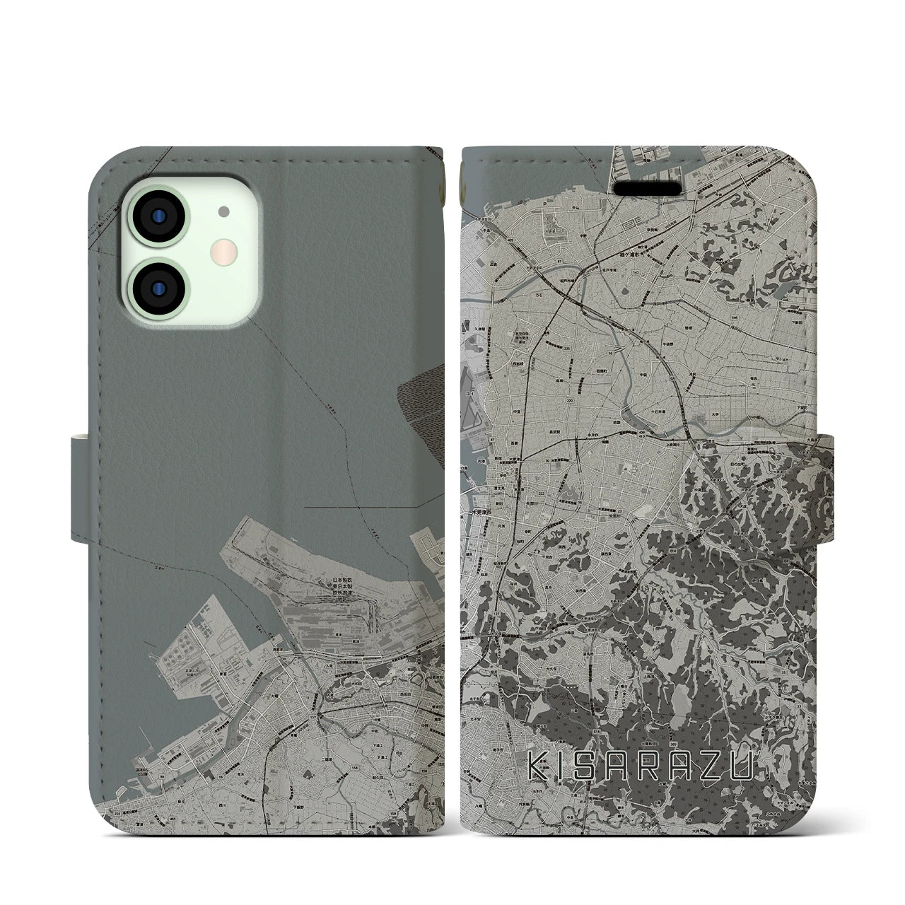 【木更津(千葉県)】地図柄iPhoneケース(手帳タイプ)モノトーン・iPhone 12 mini 用