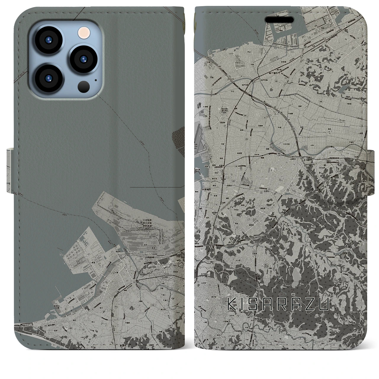 【木更津(千葉県)】地図柄iPhoneケース(手帳タイプ)モノトーン・iPhone 13 Pro Max 用