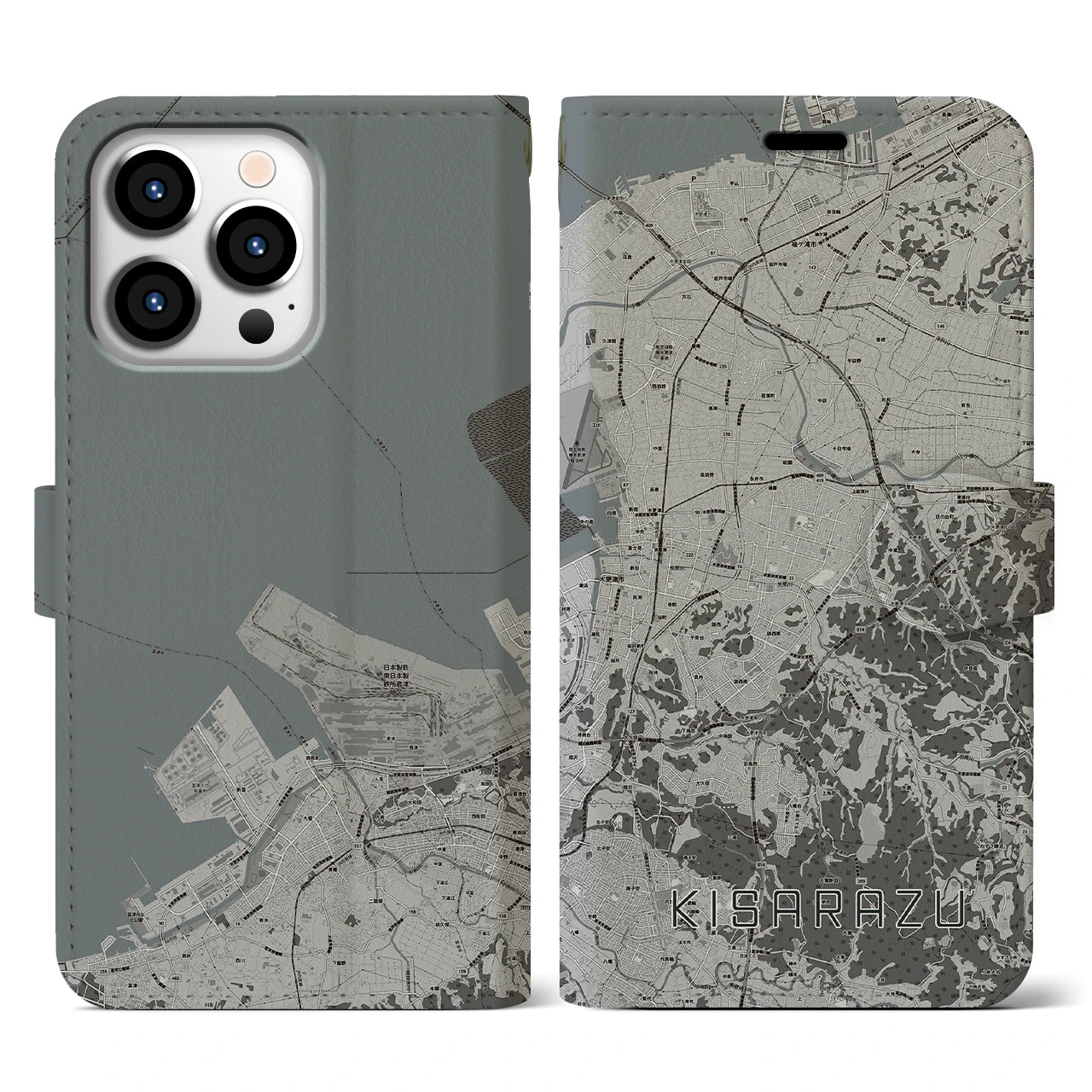 【木更津(千葉県)】地図柄iPhoneケース(手帳タイプ)モノトーン・iPhone 13 Pro 用
