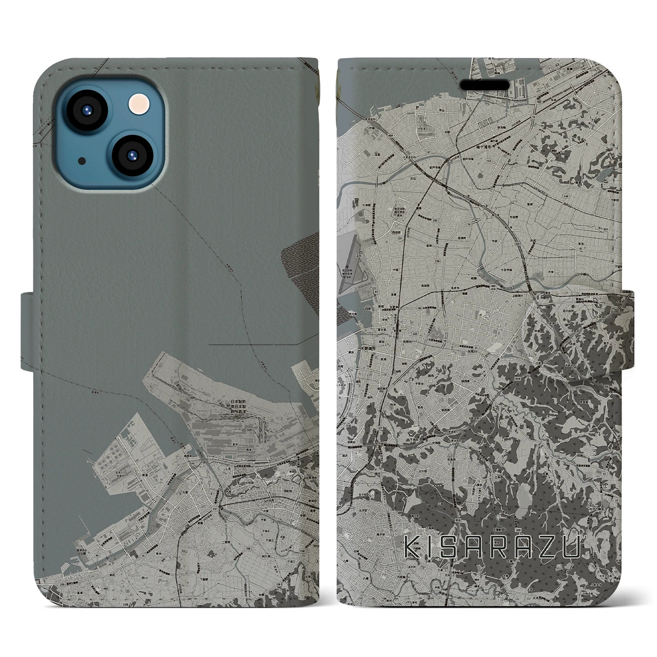 【木更津(千葉県)】地図柄iPhoneケース(手帳タイプ)モノトーン・iPhone 13 用