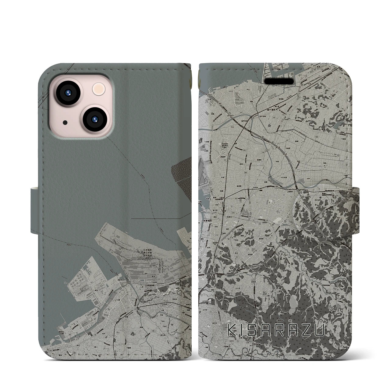 【木更津(千葉県)】地図柄iPhoneケース(手帳タイプ)モノトーン・iPhone 13 mini 用