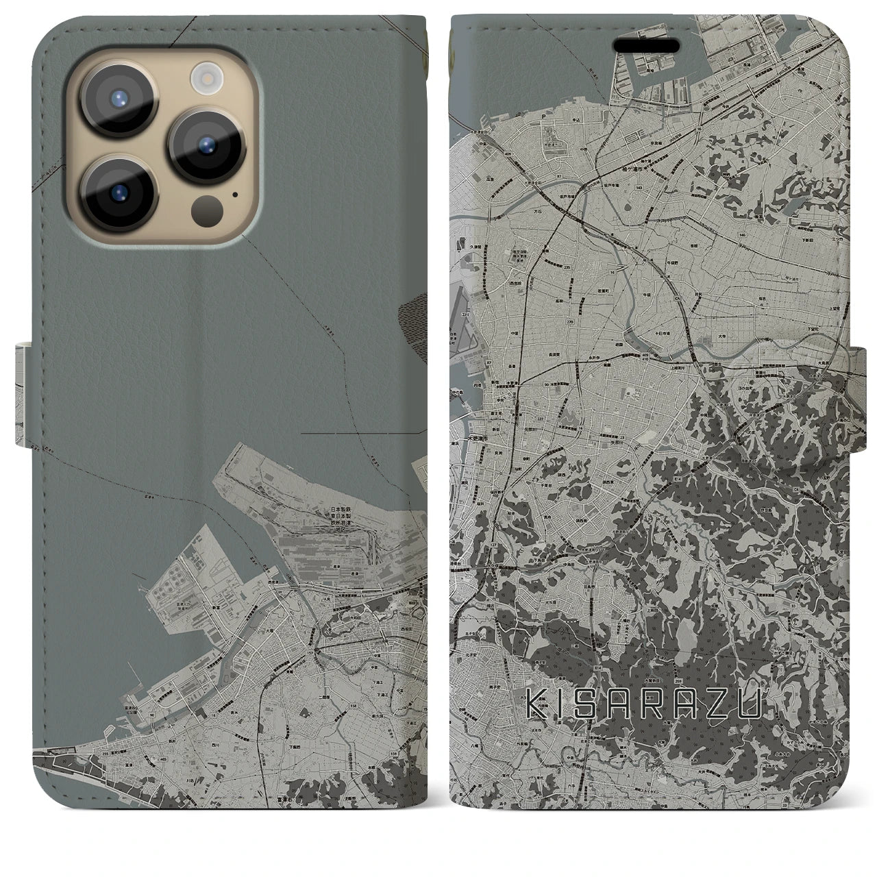 【木更津(千葉県)】地図柄iPhoneケース(手帳タイプ)モノトーン・iPhone 14 Pro Max 用