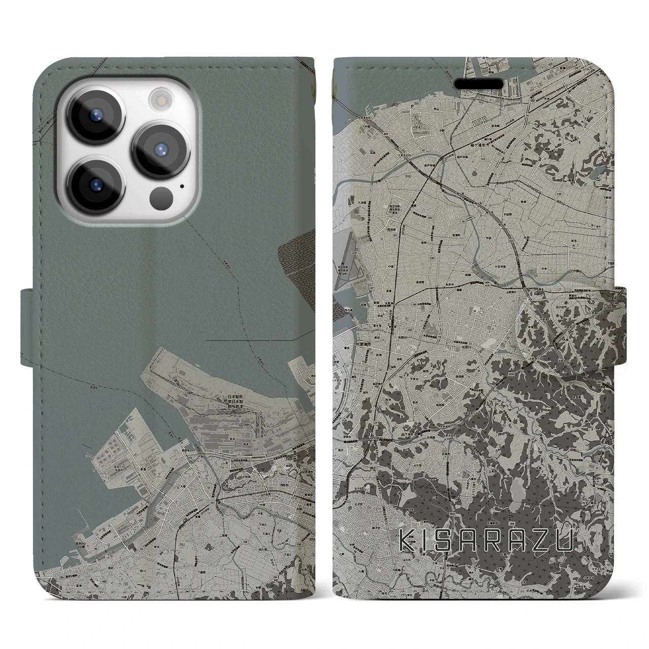 【木更津(千葉県)】地図柄iPhoneケース(手帳タイプ)モノトーン・iPhone 14 Pro 用