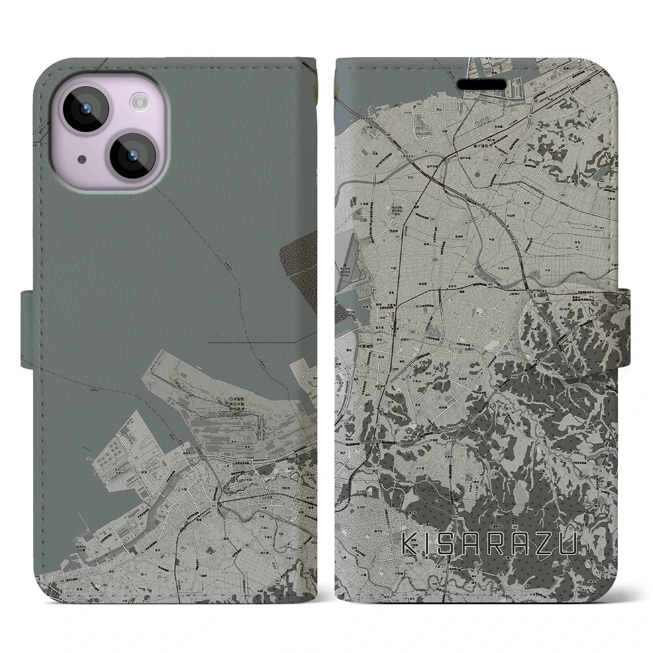 【木更津(千葉県)】地図柄iPhoneケース(手帳タイプ)モノトーン・iPhone 14 用
